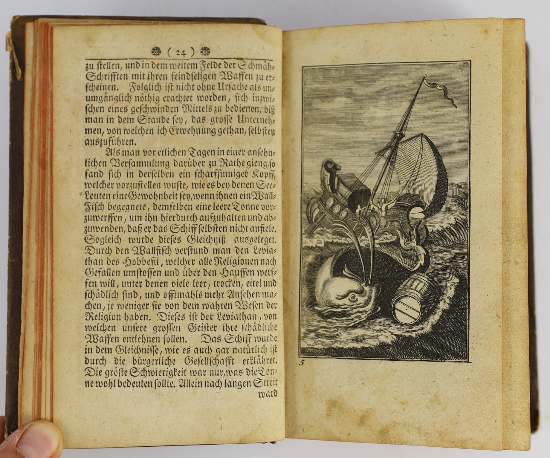 Swift, Jonathan - Mahrgen von der Tonne: Zum allgemeinen Ruken des menschlichen Geschlechts abdefasset…2 vols in one, 8vo, later stiff paper boards, with 8 engraved plates, including 2 frontises, Altona, 1729